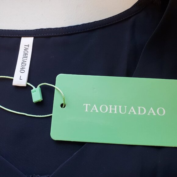 NWT TAOHUADAO SZ L Navy Blue Short Flutter-sleeve V-neck blouse top - Picture 5 of 7